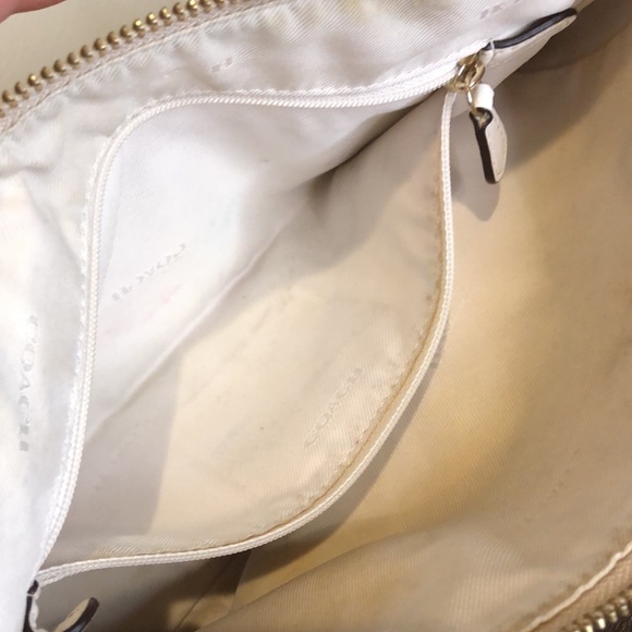 COACH Ivory Neutral C Logo Fabric Top Handle Top Zipper Leather Trim Bag - Picture 14 of 15